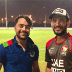 UAE cricketer Nigel Fernandes in Emirates Airlines’ ICC T20 World Cup themed A380 aircraft advertisement with Indian opener Shikhar Dhawan